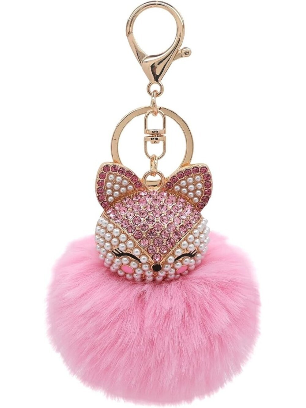 Women's Pink Head Keychain with Faux Fur Pom-Pom Bling Rhinestones Simulated